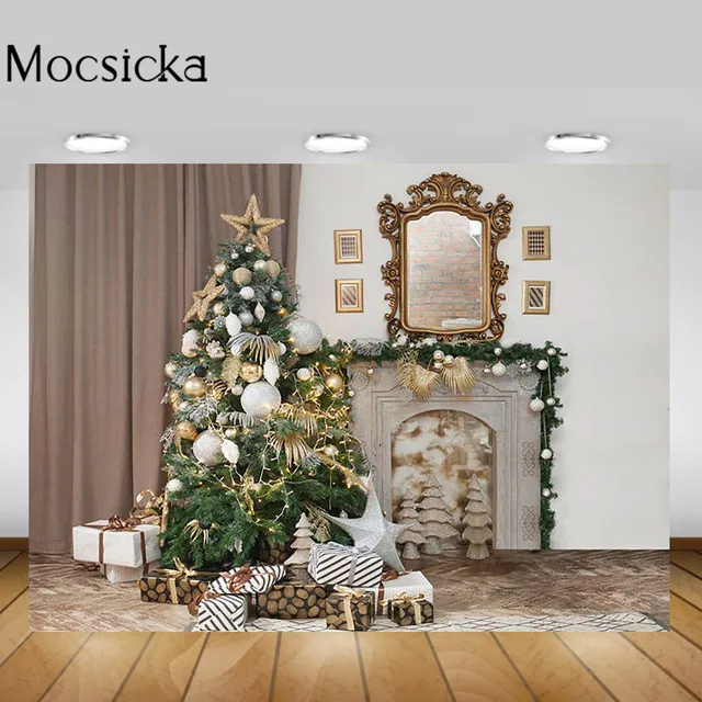 Mocsicka Christmas Living Room Backgrounds Christmas Tree Fireplace Garland Xmas Backdrop Decorations Newborn Photography Props Style-14