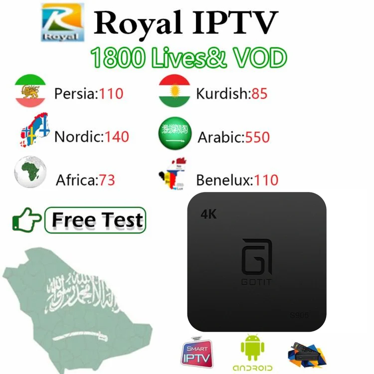 

Gotit S905 + Royal IPTV Nordic Kurdish Persian African Arabic Russia IPTV m3u Subscription Amlogic S905W Android Smart TV Box