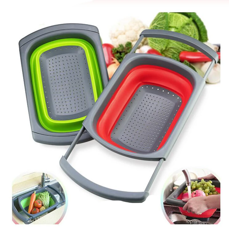 

Kitchen Colander Fruit Vegetable Washing Basket Foldable Strainer Collapsible Drainer Over The Sink Adjustable Silicone Tools