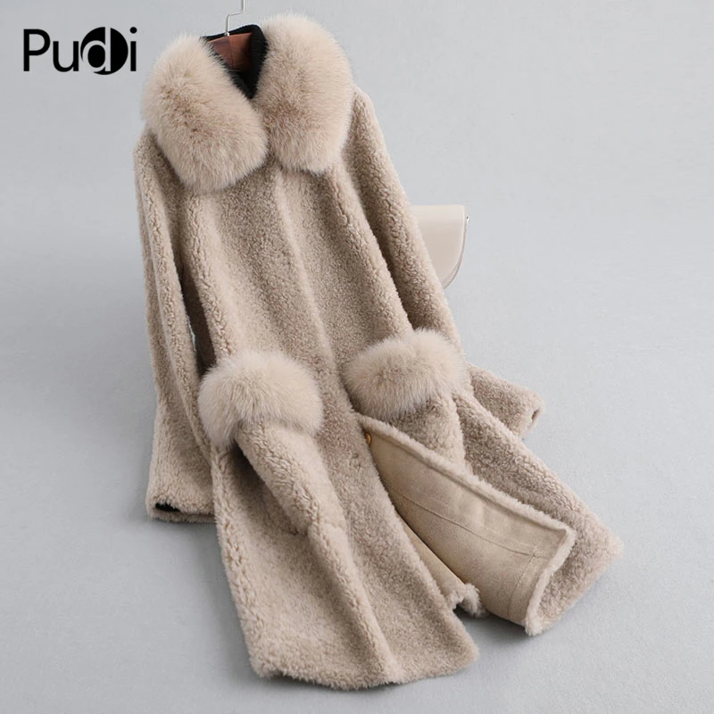 Pudi, Женское пальто из натуральной шерсти, куртка, зимняя, теплая, женская, из настоящей овечьей шерсти, пальто с натуральным лисьим меховым воротником, A19038 - Цвет: beige