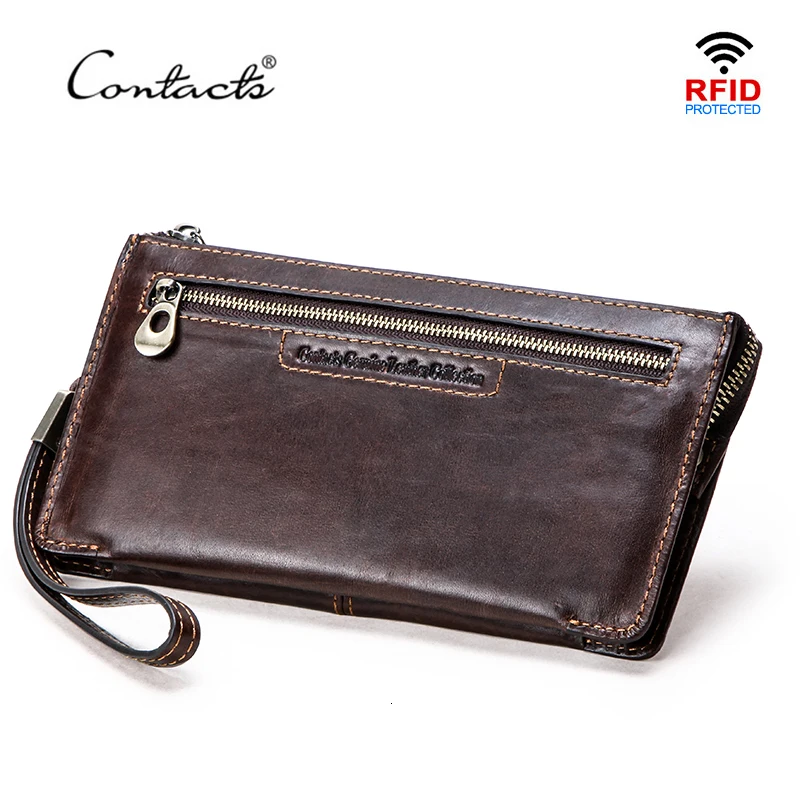 

Contact's Brand Men Wallets Vegetable Leather Long Purse Male Clutch Phone Bag Wristlet Zipper Pocket Card Holder Rfid Carteira