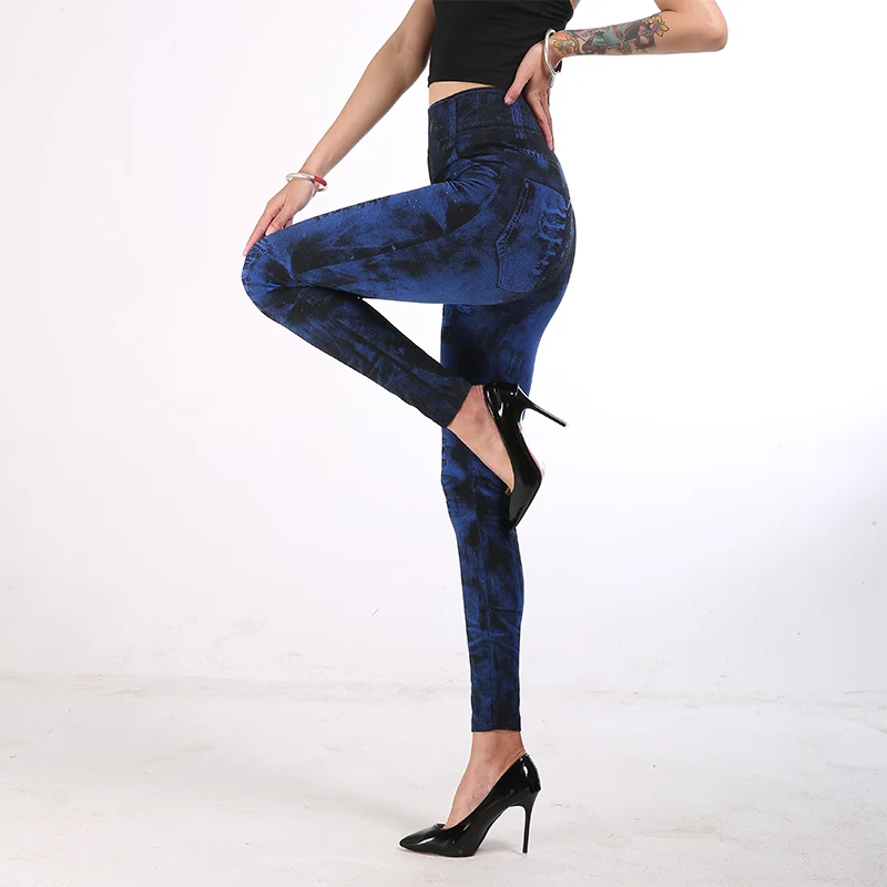 

Women Gym Leggings Faux Denim Imitation Leggings Printing Leggings Female Casual High Waist Elastic Pencil Pants Plus Size 3XL