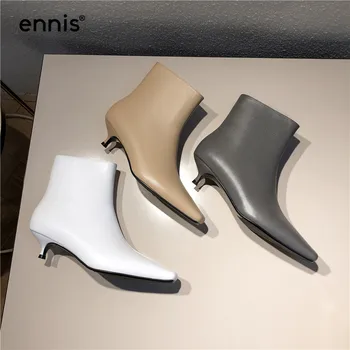 

ENNIS Brand Ladies Winter Boots Women Genuine Leather Boots Mid Thin Heel Boots Ankle Autumn Shoes White Gray Fashion New A9243