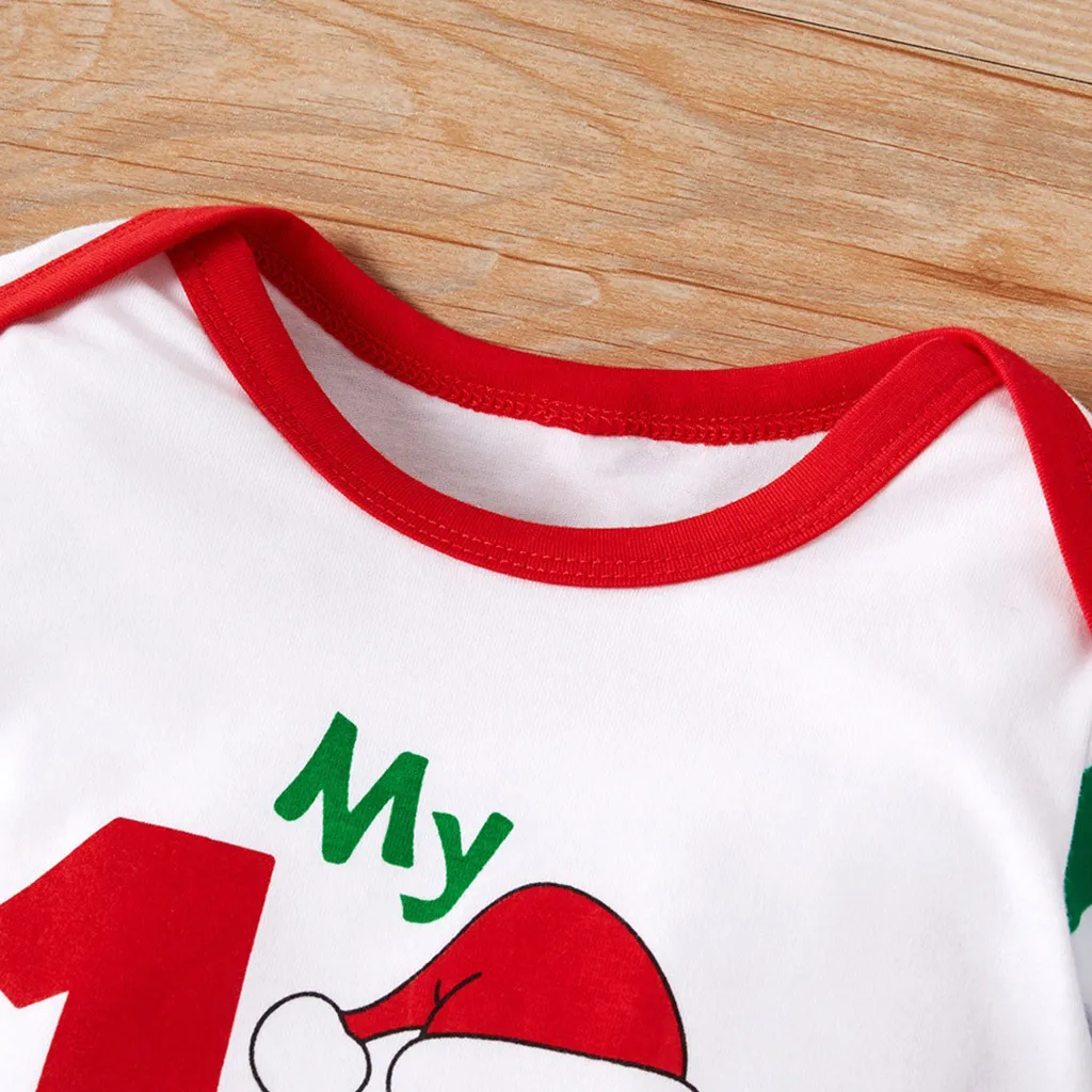 Рождественская одежда для малышей комбинезон в полоску с изображением Санта-Клауса для мальчиков и девочек+ шапочка, 2 предмета, рождественские комплекты для малышей
