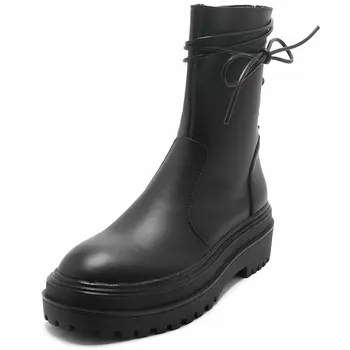 

2021 New Concise Side Zipper Platform Female Women Winter Boots Genuine Leather Chunky Heels Shoes Working Party Shoes Woman