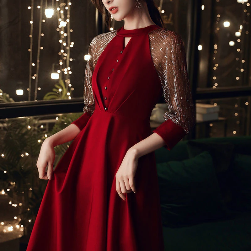Vestido de fiesta rojo elegante para mujer, Vestido largo de estilo nuevo, manga larga para invierno y primavera|Vestidos| - AliExpress