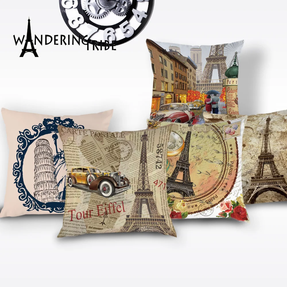 

France Paris Cushion Cover Colorful Vintage Throw Pillow Case Flower Tower Lovely Cushions Covers Home Sofa Scenic Pillowcases