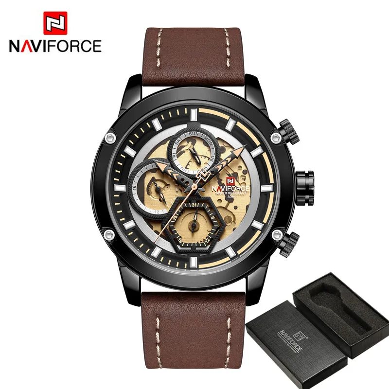 NA916704 with box NAVIFORCE модные мужские часы лучший бренд Роскошные синие спортивные мужские наручные часы военные из натуральной кожи Дата Неделя кварцевые мужские часы 9167 - Цвет: NA916704 with box