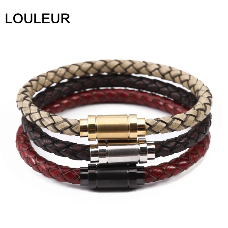 

Louleur 2019 Black Genuine Braided Leather Bracelet Men Women Stainless Steel Magnetic Clasp Male Bracelets Bangles Punk Jewelry