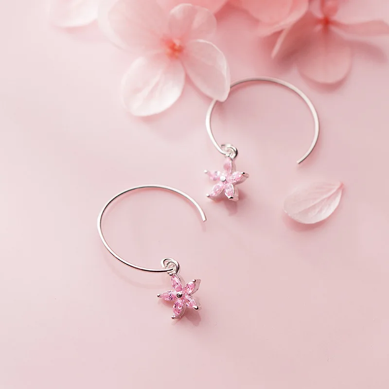 

MloveAcc Pink CZ Crystal Flower Earrings for Women 925 Sterling Silver Drop Dangle Earing Brithday Gifts Fashion Jewelry