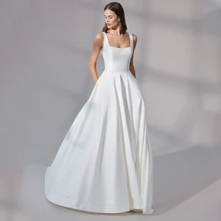 Cap Sleeve Floor-Length Suqare Collar White Wedding Dresses with Jersey Sleeveless Bridal Gowns A-Line Zipper Back Court Train