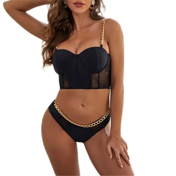 

2Pcs Women Bikini Chain Bandage Push-up Swimwear Bathing Padded Bra Bikini Set Black Swim Suit Women Swimwear Swimsuit Biquinis