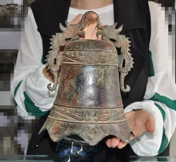 

christmas 10" Old Chinese Dynasty Pure bronze Dragon Hanging Ancient text Pray Bell Zhong new Year