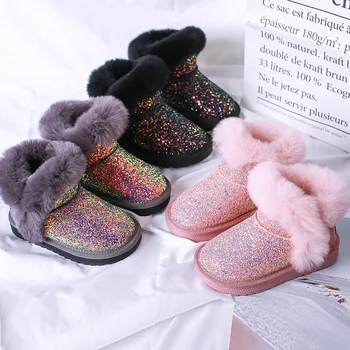 

Girls Snow Boots Sequin Cloth Autumn Winter 2019 New Kids Boots Leather Rabbit Fur Thickening Thermal Shoes Nice Quality 21-37