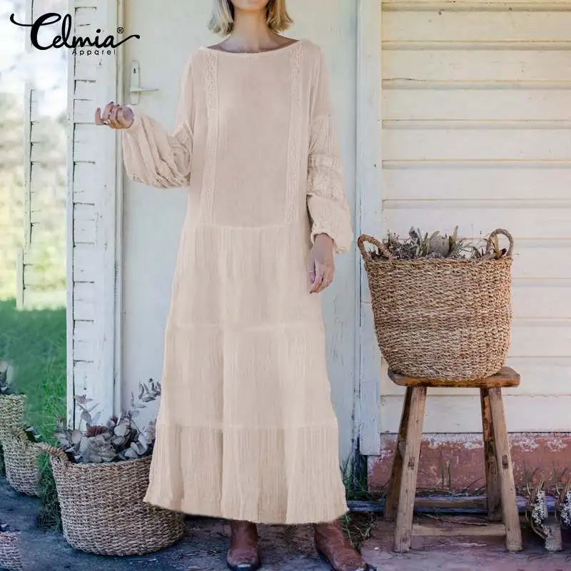 

Plus Size Women Long Party Dress Celmia 2019 Autumn Lantern Sleeve Casual Loose Lace Ruffled Pleated Maxi Vestidos Robe Mujer