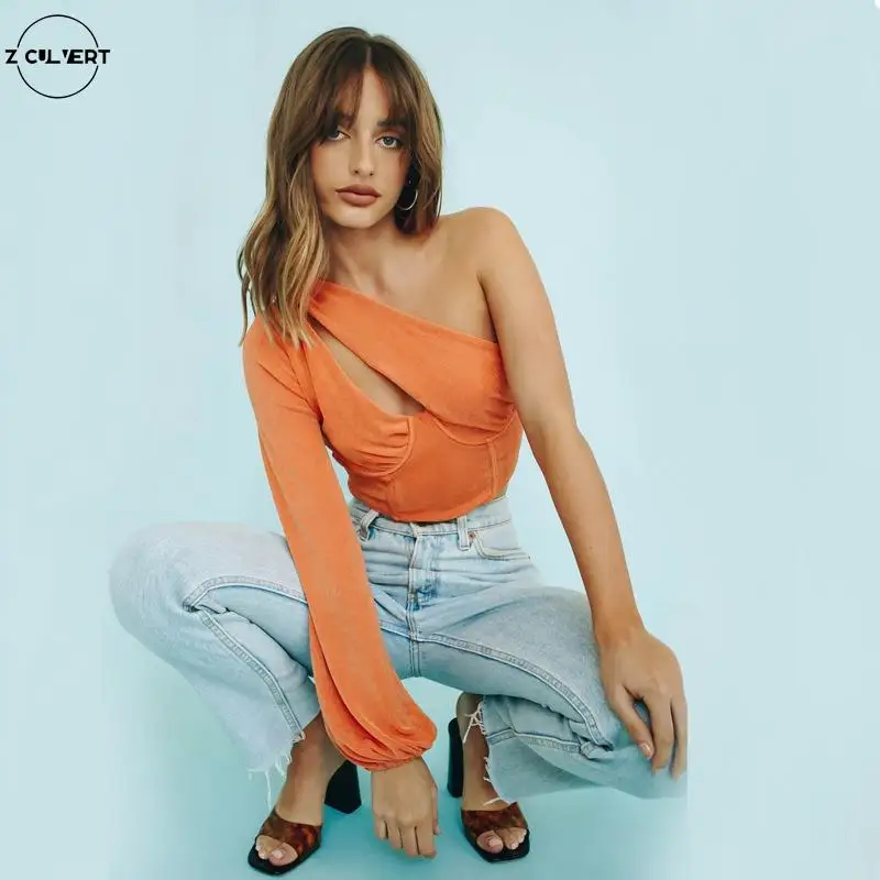 spring and Autumn Women's clothing The New 2021Sexy One shoulder Hollow Out Lantern sleeve Solid Long Sleeve Slim Fashion Jacket | Женская