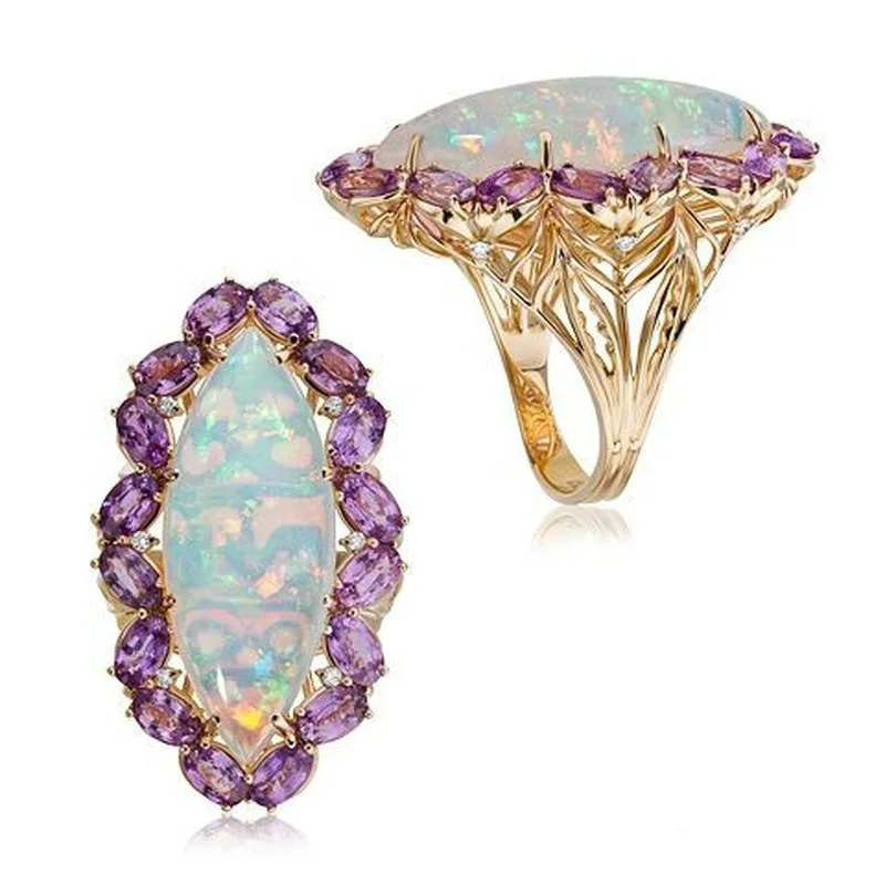 

Fashion Australian Purple CZ Crystal Fire Opal Flower Ring Female Anniversary Gifts Jewelry Luxury Gold Engagement Wedding Rings