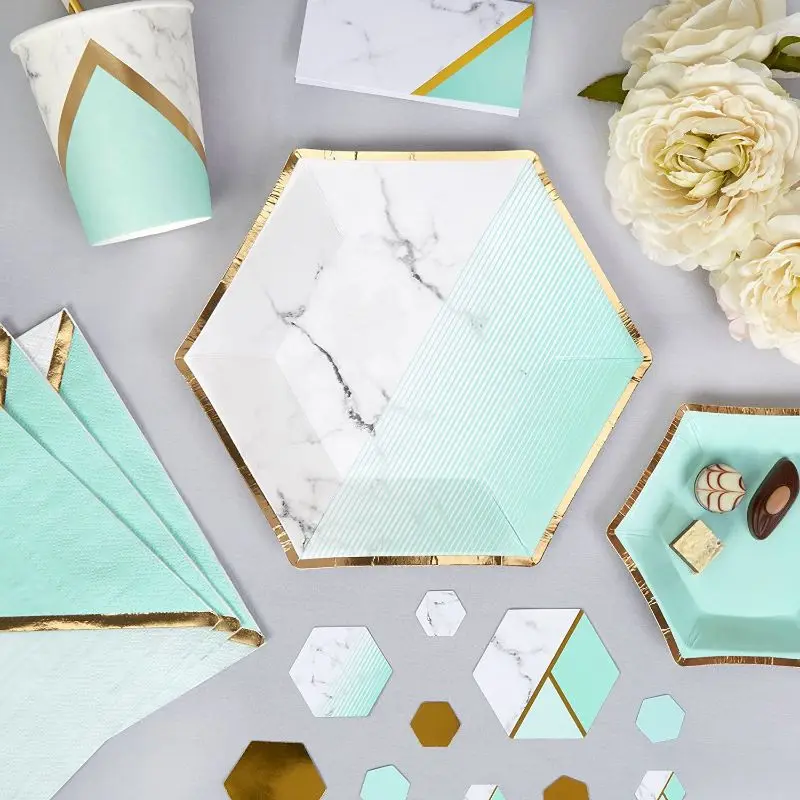 

65pcs marble style hexagon Disposable Dinnerware Set Service for 8 Guest Holiday Christmas party X4YD