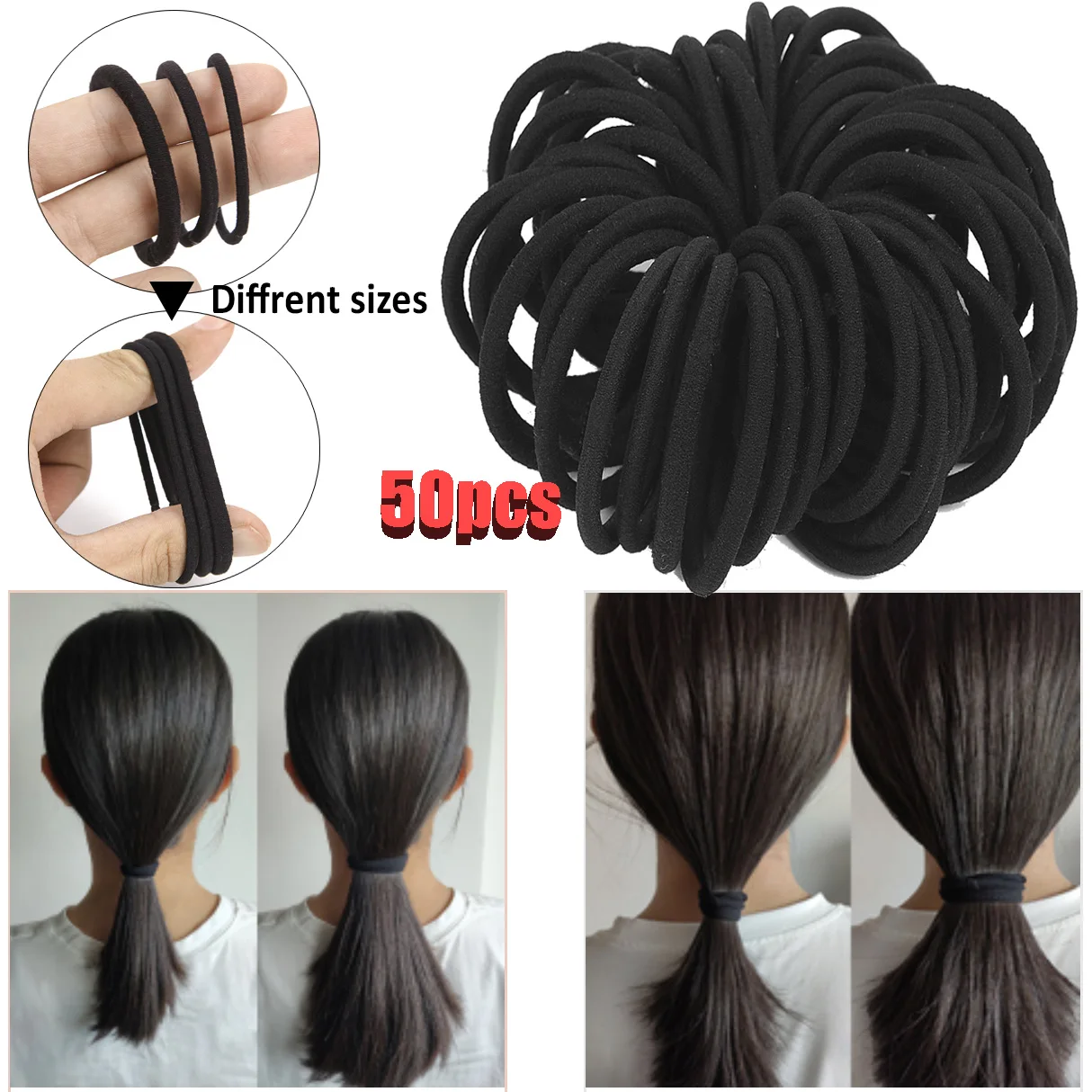 head wrap for women 50 Pack Thick Heavy No-metal Elastic Hair Ties Black Rubber Ponytail Holders Hair Bands-3mm 4mm 6mm pink hair clips