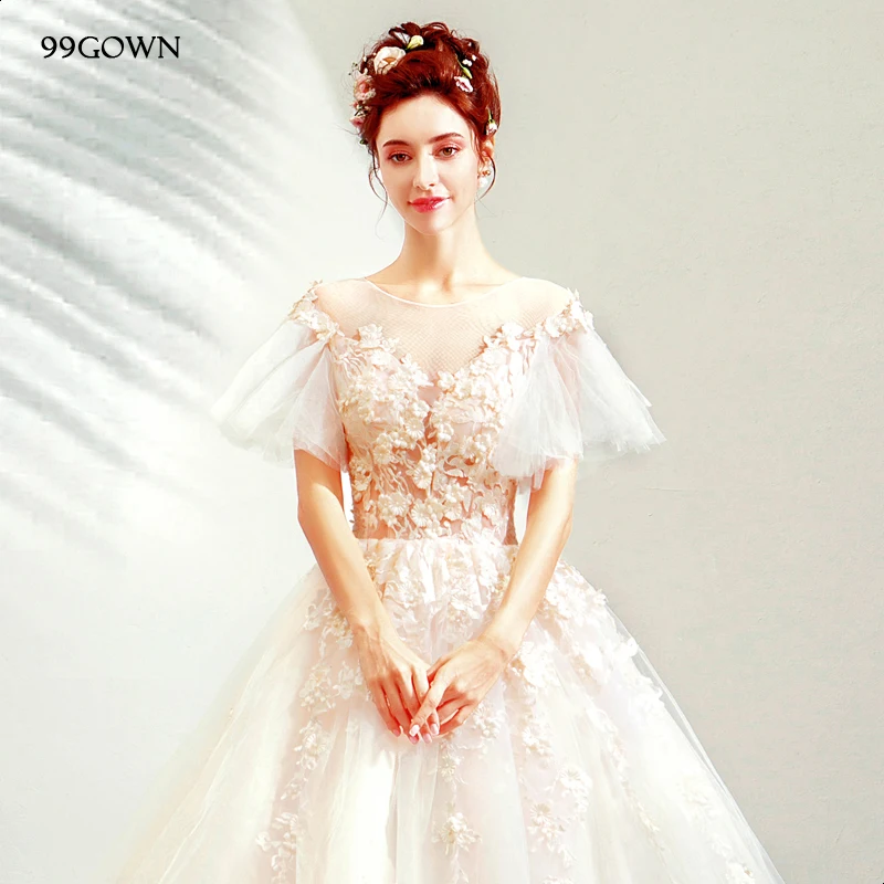 99GOWN роскошное свадебное платье со шлейфом, с коротким рукавом и расклешенной вышивкой, а-силуэт, кружевное Тюлевое свадебное платье с открытой спиной