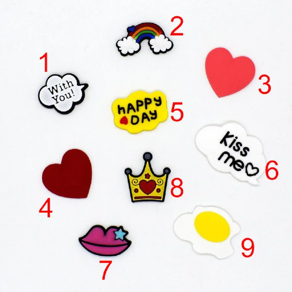 5pcs/set Shoe Charms Accessories Heart Rainbow Lip Crown Letter Poached Egg Kids Shoe Decoration for Girls Kids Gift