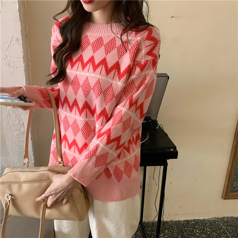 

Lazy Style Plus Size Loose Women'S Sweater Geometric Diamond Check Pattern Pullover Round Neck Ladies Sweater