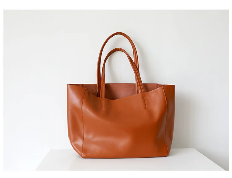 Повседневная Сумка-тоут из натуральной кожи, сумки для покупок, большая Вместительная женская сумка через плечо с верхней ручкой, компьютерные сумки для женщин, Топ - Цвет: Large caramel