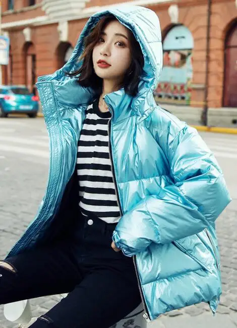 Зимнее хлопковое Женское пальто, новая модная блестящая куртка с капюшоном, теплая парка, толстая пуховая стеганая куртка, свободная женская верхняя одежда - Цвет: blue