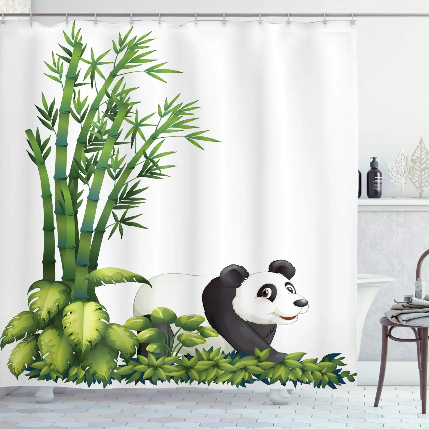 Panda Shower Curtain Happy Panda with Tropical Plants Bamboo Trees  Endangered Mammals Cartoon Art Polyester Fabric Bathroom