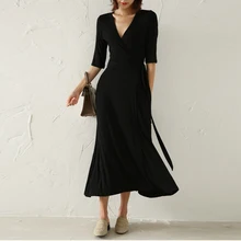 Новинка, летнее женское платье с запахом, два способа ношения, повседневное, Пляжное, черное, женское, с поясом, сексуальное, длинное, уличная одежда