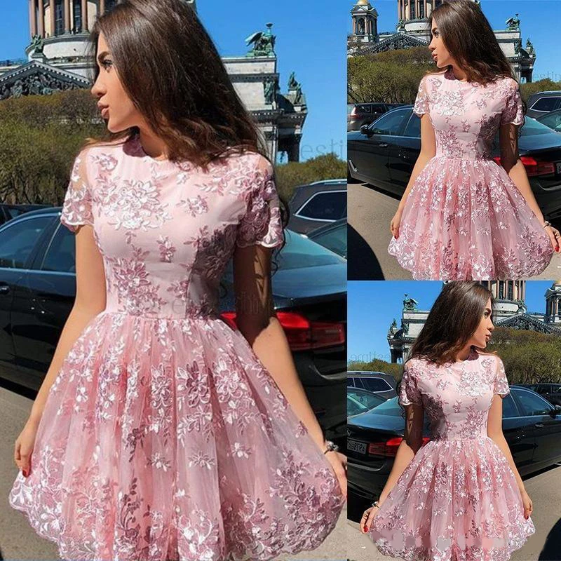 

Пыльно-розовые короткие платья для выпускного вечера с короткими рукавами, короткое платье трапециевидной формы для выпускного вечера, вечерние платья для девочек Vestidos