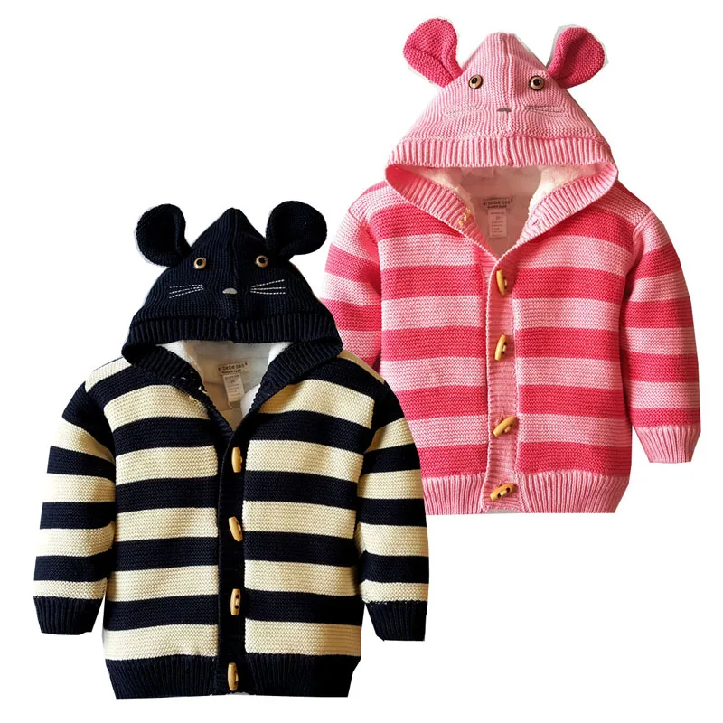 Вязаная Куртка для девочек; Верхняя одежда для маленьких девочек; флисовое Детское пальто с капюшоном и заячьими ушками; осенние куртки для малышей; теплый свитер; плотная толстовка с капюшоном для младенцев