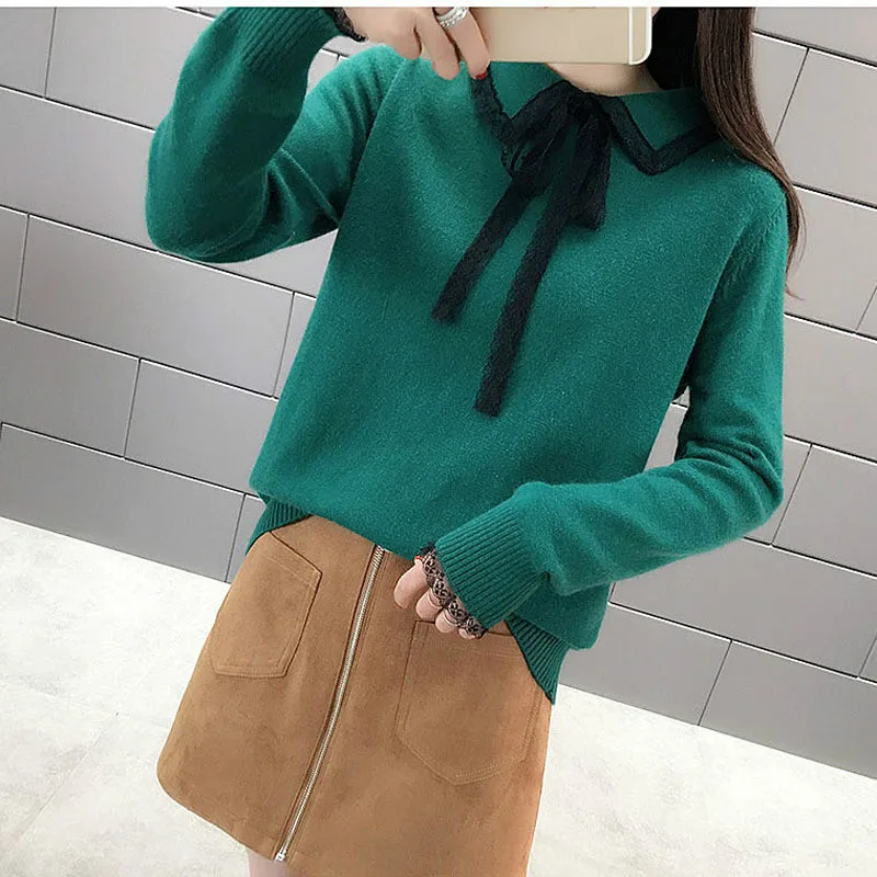 

High quality sweater,2019 Spring New Style WOMEN'S Dress Lace Sweater, Bow Lace-up Peter Pan Collar Sweater Women's Base Shirt