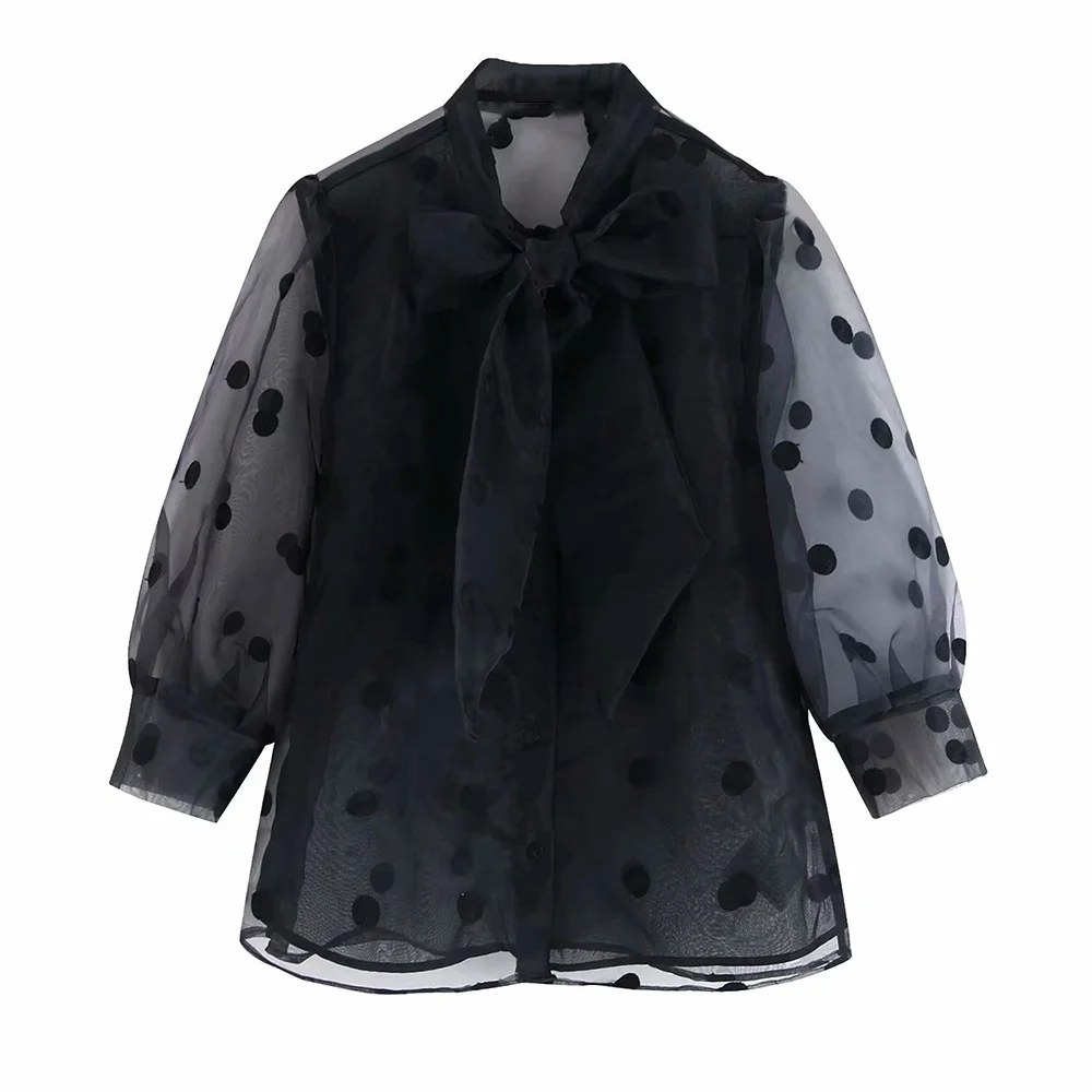 ZA Solid Shirt Fashion Autumn Winter Polka Dot Bow Tie Blouse Top Women Casual Shirt Party Travel Friends Gifts Wholesale