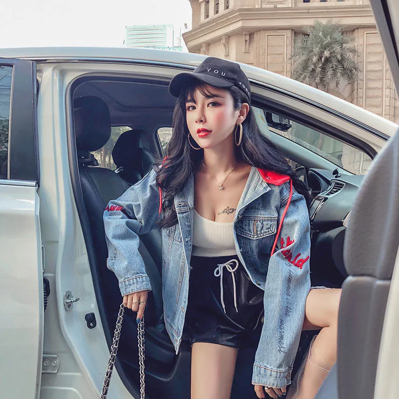Весна Осень Свободная Женская куртка высокого качества вышивка Harajuku джинсовая куртка с капюшоном куртка Женская BF пальто, джинсовая куртка тренд для женщин
