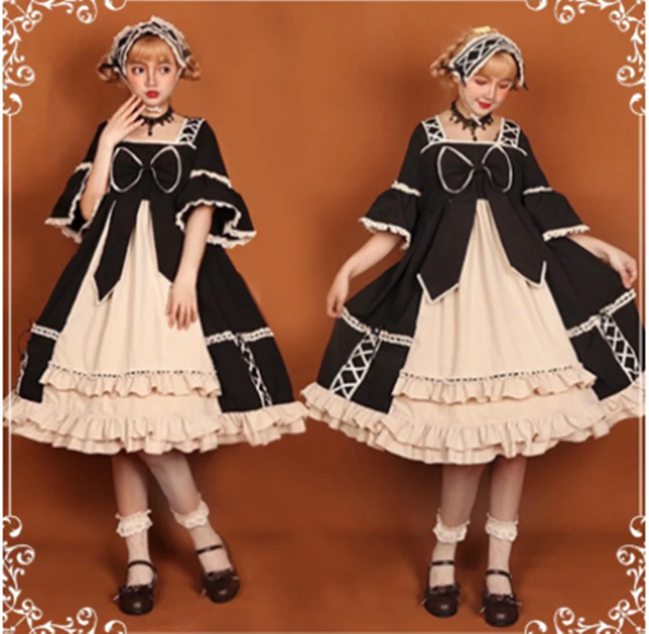 

kawaii girl gothic lolita op cos Gothic vintage sweet lolita dress lace bowknot square collar high waist loose victorian dress