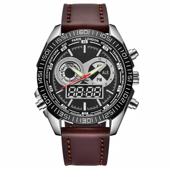 

Men Waterproof Digital Sport Watch LED Dual Time Analog Digital Chronograph Watch Genuine Leather Watch Christmas Gift Shellhard