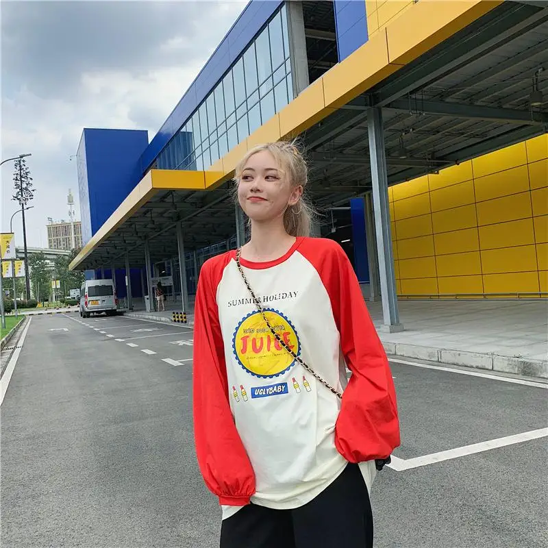 Размера плюс футболка с длинным рукавом Женская Harajuku футболка Топы Корейская футболка уличная Мультяшные футболки Femme Повседневная Осень