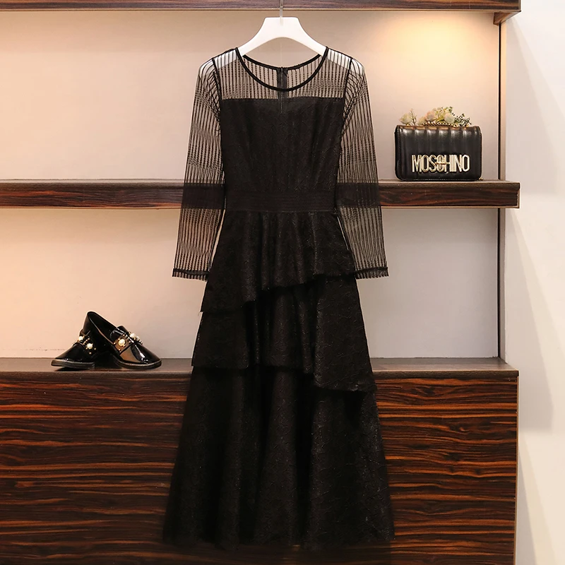 

XL-5XL Plus Size Women Elegant Lace Dress Autumn 2019 Fashion See-through Mesh Long Sleeve Ruffle Patchwork Ladies Party Dresses