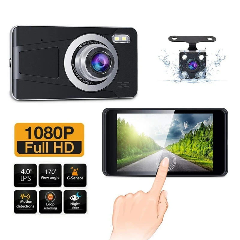 4 дюйма свяжитесь Экран Full HD 1080P Dual Dash Cam вождение автомобиля Регистраторы с резервным Camera170° Широкий формат, g-сенсор, Сенсор, петля Запись