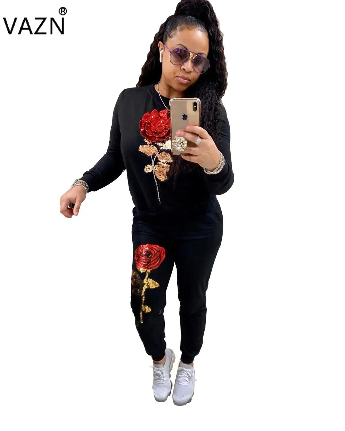 

VAZN LSD8391 Spring Young Sexy Fashion 2 piece Black Flower Print Full Sleeve Top Grop Long Pants Women Tracksuits 2 Piece Set