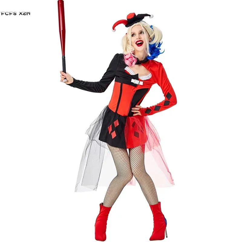 

Female Circus Clown droll Joker Cosplay Women Halloween suicide squad Harley Quinn Costumes Carnival Purim Role play Party dress