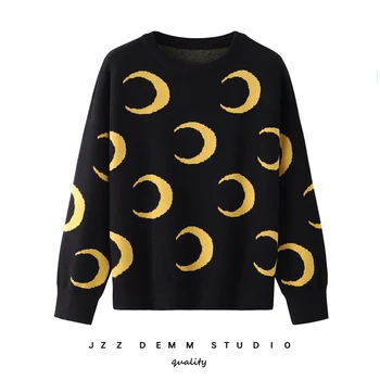 

Qooth 2020 Spring Sweaters Fashion Women Loose Knit Moon Print Jacquard Knit Sweater Contrast Color Jumper Sweater QH2217