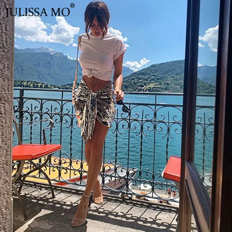 JULISSA MO шикарная сексуальная блестящая юбка с блестками для женщин с высокой талией обтягивающие короткие юбки элегантные вечерние с цветочным принтом Jupe femme