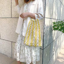 Женский тканый сетчатый мешок, клатч, ручная сумка, Женская тканевая переносная сумка, круглая ручка, модная женская летняя пляжная сумка