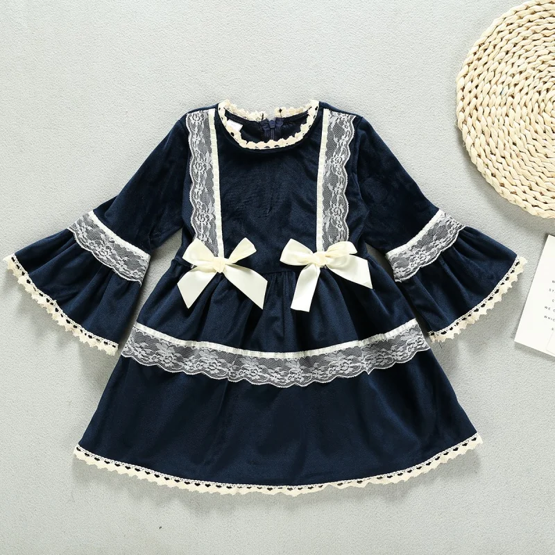 Осеннее платье принцессы с длинными рукавами из золотого бархата для маленьких девочек милое однотонное кружевное милое платье, новинка