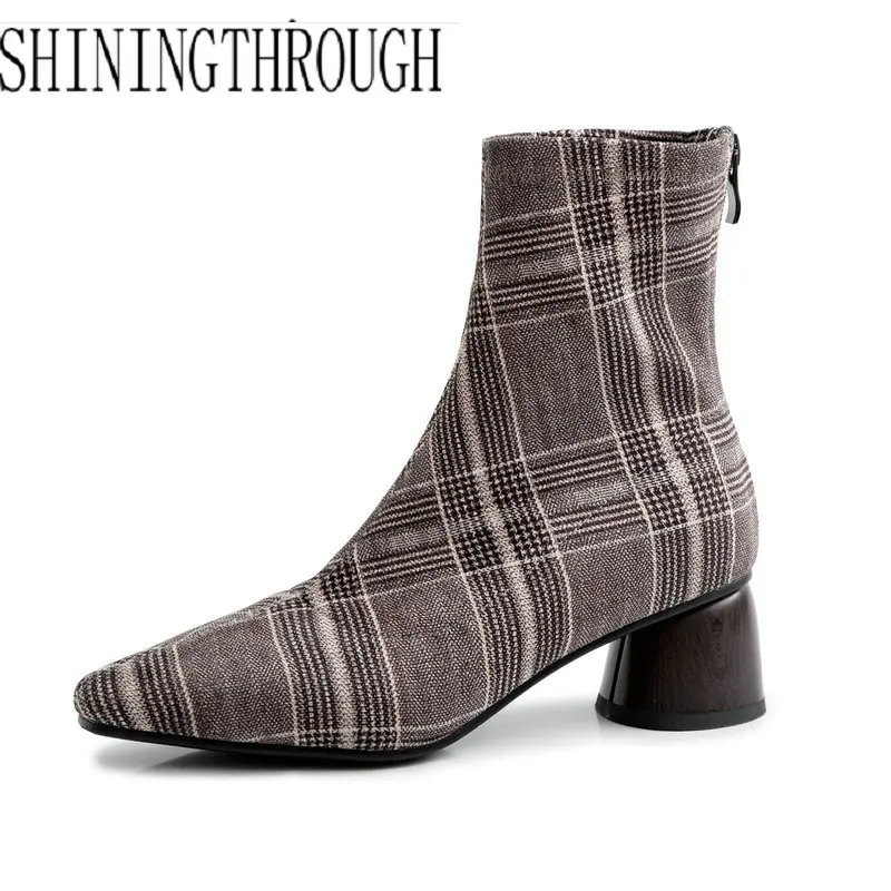 

Soft Knitted Sock Boots Stretch Fabric Shoes Med Heels Pointed Toe Ankle Boots for Ladies 2019 Leather Winter Women Boots