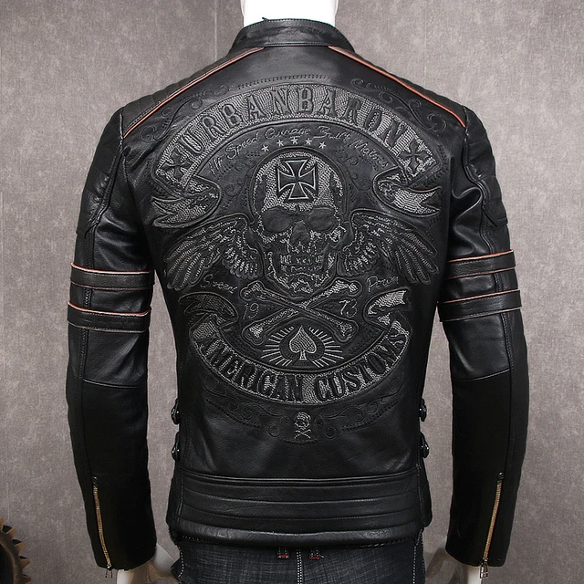 2020 Vintage Black Men Skulls Embroidery Biker’s Leather Jacket Plus Size XXXXL Genuine Cowhide Spring Slim Fit Leather Coat