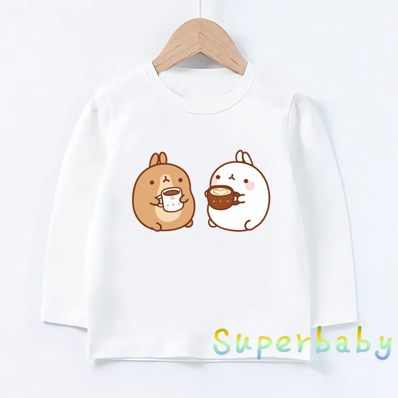 Molang and Piupiu/милый узор в виде кролика; футболка для маленьких мальчиков и девочек; Забавные топы с рисунками; детская футболка с длинными рукавами; LKP5217