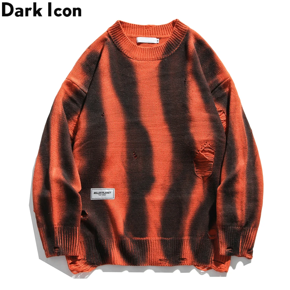 

Dark Icon Tie Dyeing Ripped Sweater Men Women Crew Neck Knitwear Pullover Men's Sweaters 2020 Autumn Man Sweater